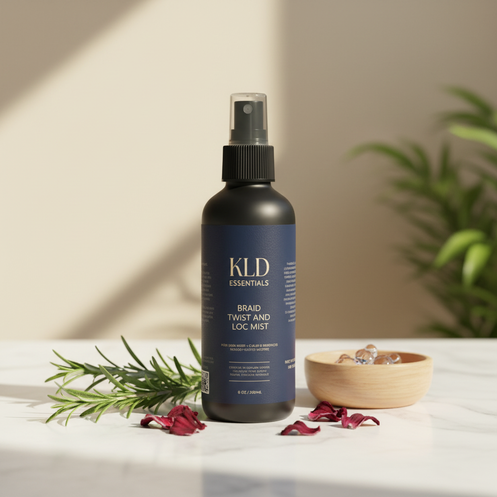 KLD Essentials hair mist bottle on a table with plants and a bowl in the background
