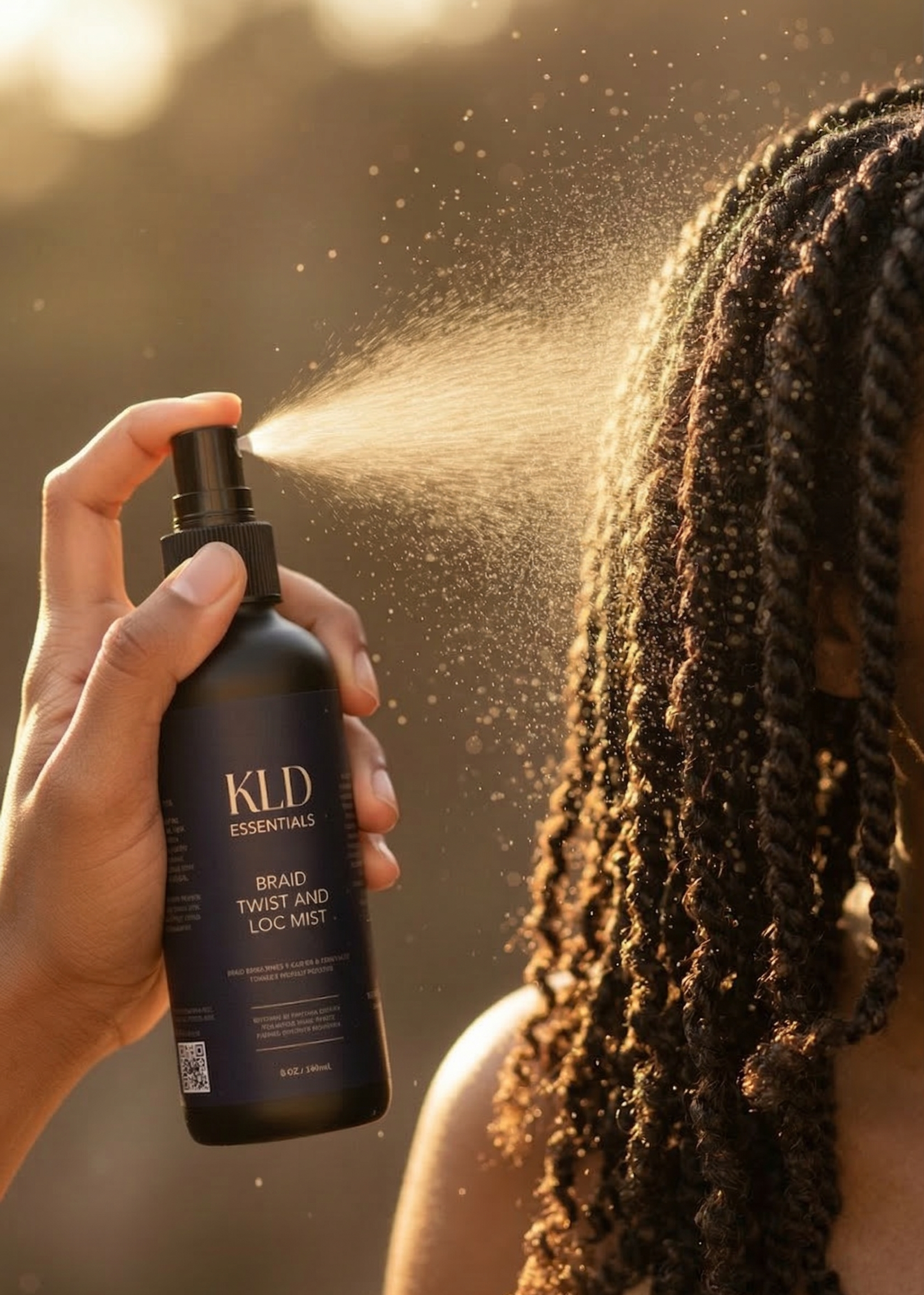 Person using a KLD hair product on their braided hair with a blurred background
