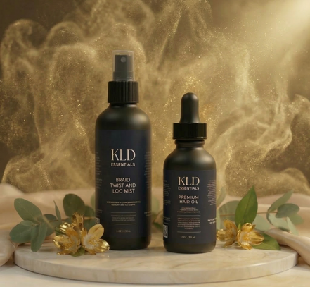 Two KLD hair care products on a marble surface with a gold leaf background