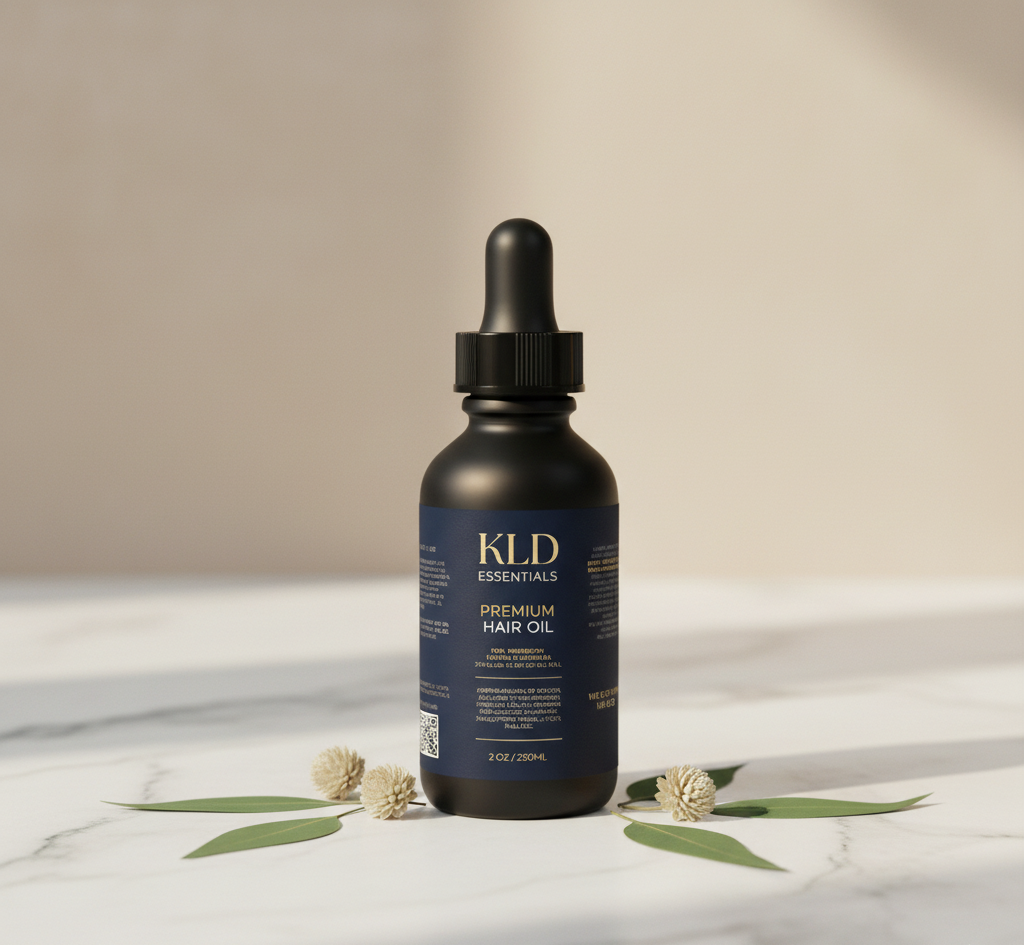 KLD Essentials premium hair oil bottle on a marble surface with leaves.