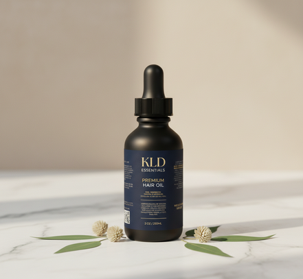 KLD Essentials premium hair oil bottle on a marble surface with leaves.